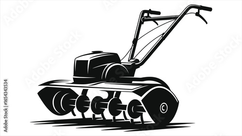 Black Silhouette Vector of Walk-Behind Garden Tiller Cultivator with Engine-Driven Rotating Tines and Handlebar – Minimalist Monochrome Agriculture & Landscaping Equipment Icon