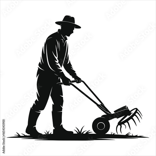 Black Silhouette Vector Illustration of a Farmer Operating a Walk-Behind Garden Cultivator Tiller with Tines in Field – Minimalist Monochrome Agriculture Equipment Icon