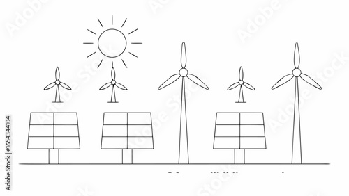Vector illustration of solar panels, wind turbines, and sun, representing renewable energy sources and sustainability