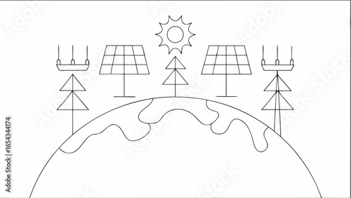 Vector illustration of solar panels and transmission towers on earth with sun in the sky line drawing style