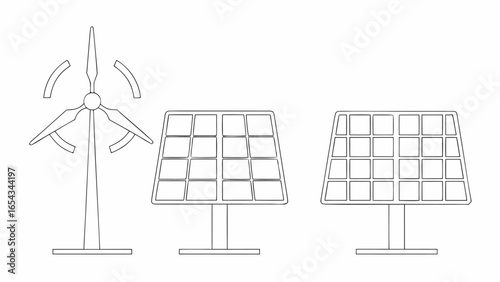 Vector illustration showing a wind turbine and two solar panels representing renewable energy sources in outline