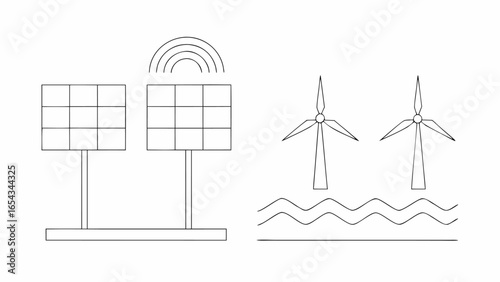 Vector illustration of solar panels with signal waves and windmills above wavy lines representing water source
