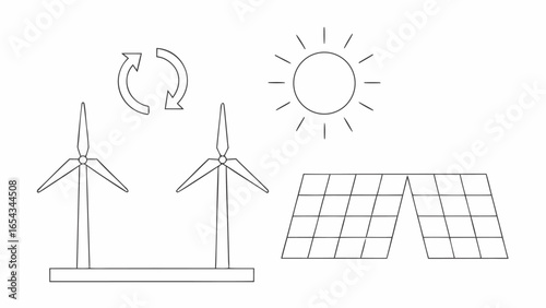 Vector illustration depicting renewable energy sources including wind turbines solar panels and a sun with arrows showing cycle