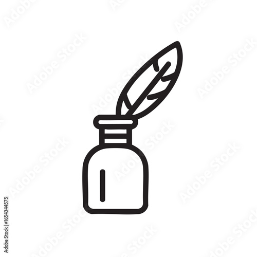 A black and white line drawing of an inkwell and feather pen.