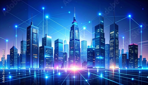 Futuristic smart city skyline illuminated at night with a glowing digital network representing global data communication and technology