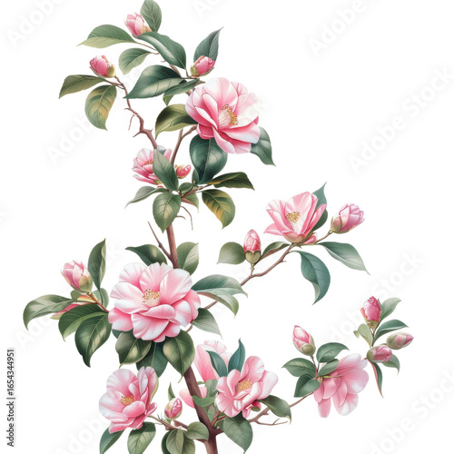 Pink camellias on a branch art