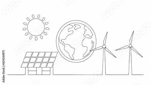 Vector illustration of renewable energy sources with solar panels wind turbines and earth outline drawing