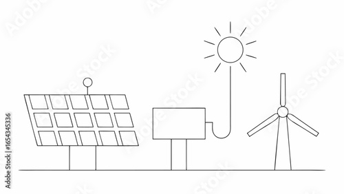 Vector illustration of renewable energy sources including solar panel, sun, inverter and wind turbine diagrammed