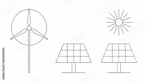 Vector illustration showing wind turbine solar panels and sun representing renewable energy sources and technology