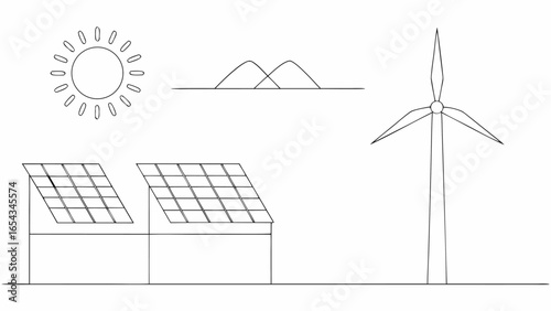 Vector illustration of renewable energy sources including solar panels wind turbine and sun with mountains in the background