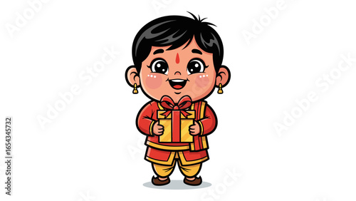 Happy Indian boy in traditional dress holding a gift box, isolated on white