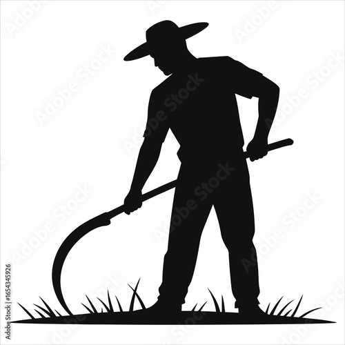 Farmer with a scythe silhouette vector illustration. Man mowing grass, reaping, or harvesting. Agricultural worker icon for farming and rural life, isolated on white.