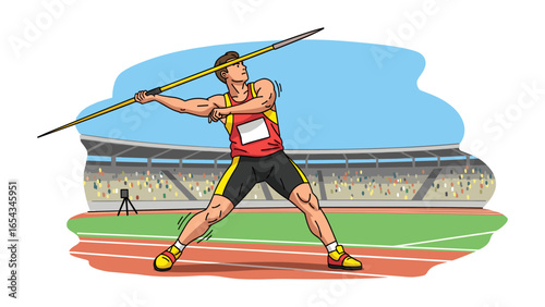 Athletic man in action throwing javelin in stadium during sports competition event