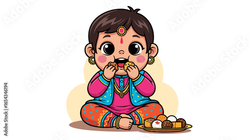 Cute Indian baby girl character in traditional dress eating festival sweets cartoon illustration