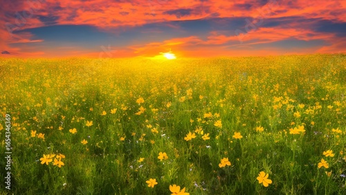 Summer meadow with vibrant flowers bathed in the golden light of a rural sunset