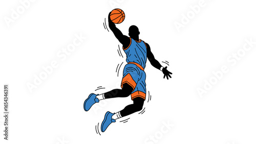 Dynamic silhouette of a basketball player executing a powerful slam dunk, showcasing athleticism and grace.