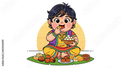 Cute Indian child enjoying traditional Indian sweets on a banana leaf in cartoon style