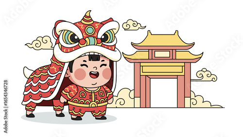 Adorable Lion Dance Kid Chinese New Year Illustration
