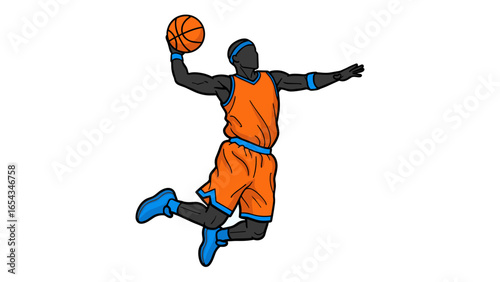 Graphic illustration of a basketball player in mid-air performing a dynamic slam dunk action.