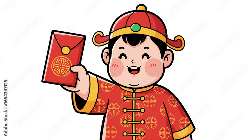 Naklejka premium Cartoon Boy Joyfully Presenting a Red Envelope Celebrating Chinese New Year Traditions
