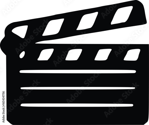 Black and white clapperboard, open, film production symbol.