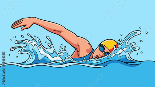Illustration of a swimmer performing the front crawl stroke with energetic water splashes