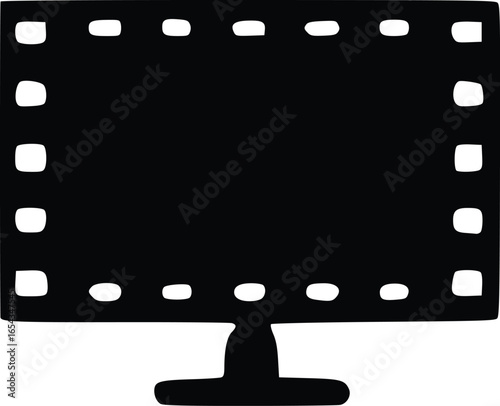 Simple black silhouette of a computer monitor, filmstrip border.