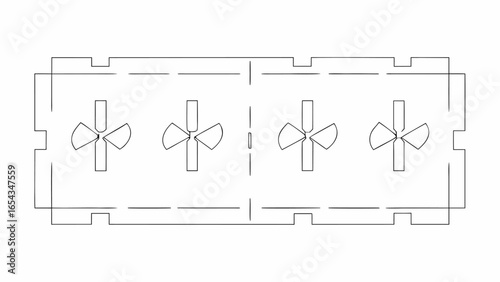 Vector outlined rectangular shape with four internal propeller like shapes in a symmetrical arrangement design