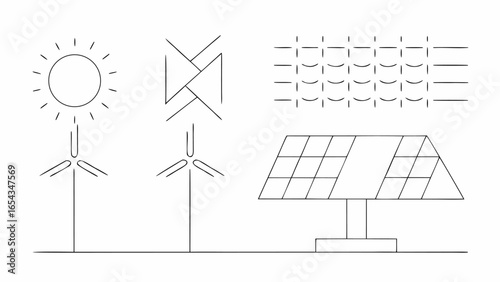 Vector illustration depicting renewable energy sources including solar panels wind turbines and concentrated solar power