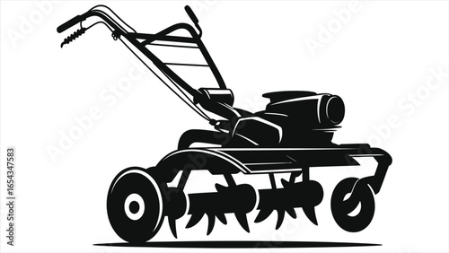 "Black Silhouette of a Lawn Mower with a Grass Catcher - Lawn Care Equipment Illustration"
