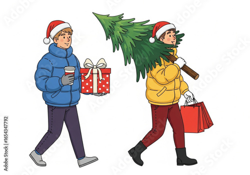 Christmas shoppers carrying gifts and a tree.
