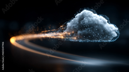 Abstract 3D illustration of cloud computing and data transfer, showing IaaS, PaaS, AI, and backup technology concepts with digital clouds and electric data streams.