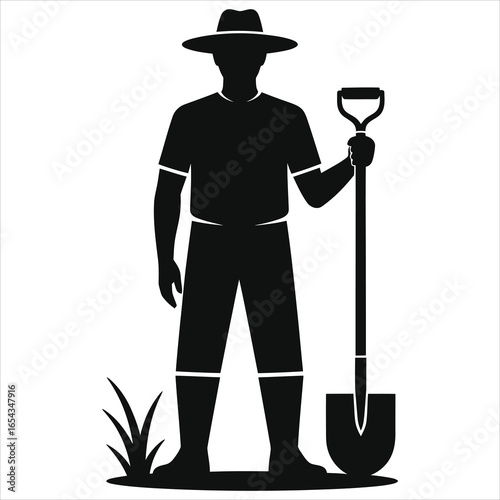 Silhouette vector of farmer holding shovel standing on ground with grass, male gardener or agricultural worker in hat and boots, gardening dig tool icon, rural farming labor illustration isolated