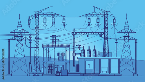 Blue power lines and electricity lines crisscross against a bright sky, highlighting the energy grid's structure..eps