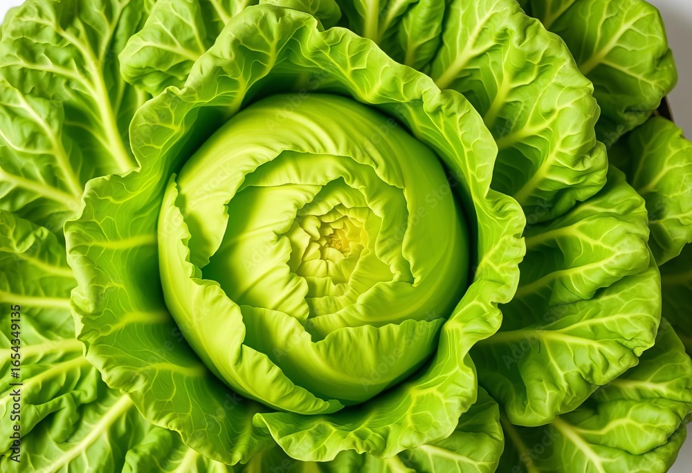 Fototapeta premium Intact green cabbage head, flat lay, vibrant, close-up, culinary, healthy food