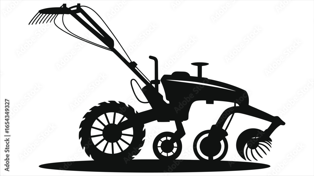 Fototapeta premium Silhouette Illustration of Modern Agricultural Machine with Rake Attachment – Farming Equipment Icon for Soil Cultivation, Agricultural Automation, and Rural Crop Field Preparation Concept