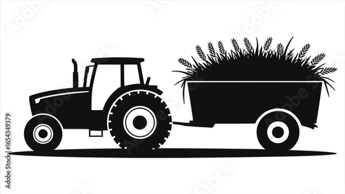 Black Silhouette of Tractor with Hay Trailer - Farm Vehicle Icon, Agriculture Illustration, Harvest Season Graphic, Rural Landscape Design, Farming Equipment Vector