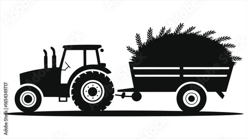 Silhouette of farm tractor towing loaded crop trailer full of hay sheaves on rural field – black and white vector illustration of agricultural machinery, harvest transport, countryside farming icon