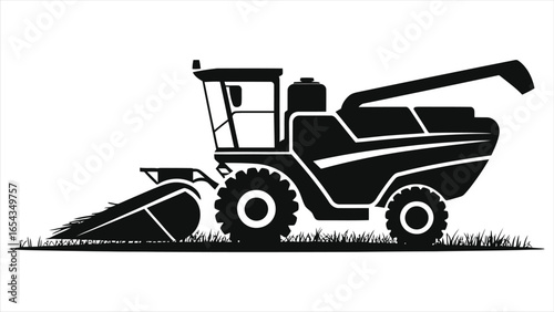 Modern Combine Harvester Silhouette. Farm Machine Harvesting Grain & Crops in Field. Agricultural Industry Vector Illustration for Harvest Season.