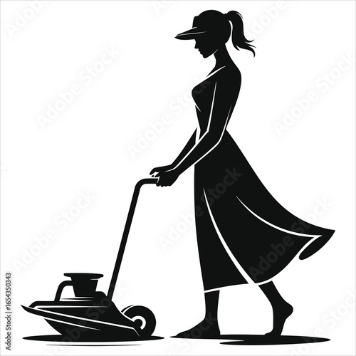 Elegant Woman Mowing Lawn Silhouette. Female Gardener Pushing Manual Lawnmower Icon. Home Garden Maintenance Vector Illustration for Yard Care and Outdoor Chores and Lifestyle.