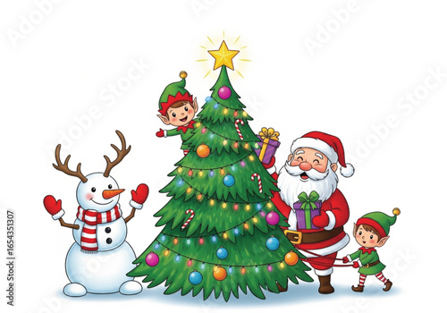 A charming illustration depicts Santa Claus, two elves, a snowman, and a Christmas tree.