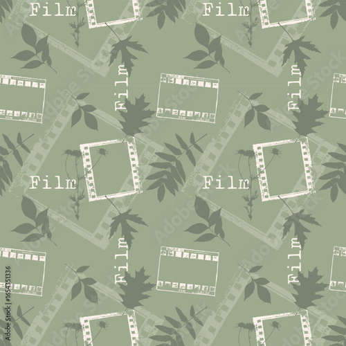 Vintage grunge pattern with green prints of falling leaves and frames from film. Autumn dreamy mood to watch movies and TV series.