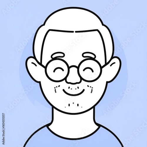 A simplified illustration of a smiling, elderly man wearing glasses, with a light blue background.