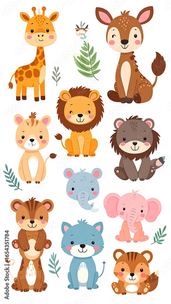 Fototapeta premium Cute cartoon animals in a playful arrangement