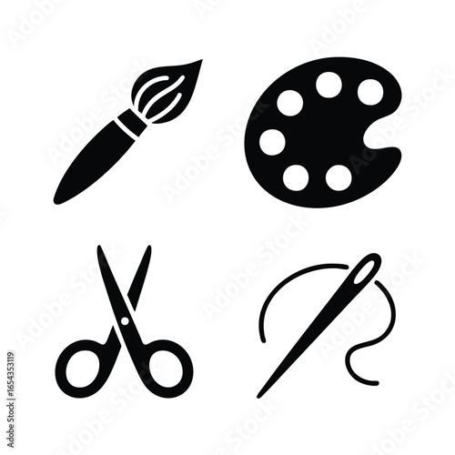 Art and craft icon set, 4 icons paintbrush, artist's palette, scissors, needle and thread. Fat, simple, solid black style. For creative and hobby themes.