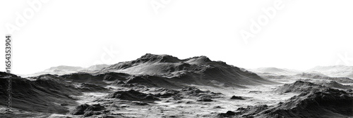 Grayscale view of a mountainous terrain.  Distant, rugged peaks and a textured surface