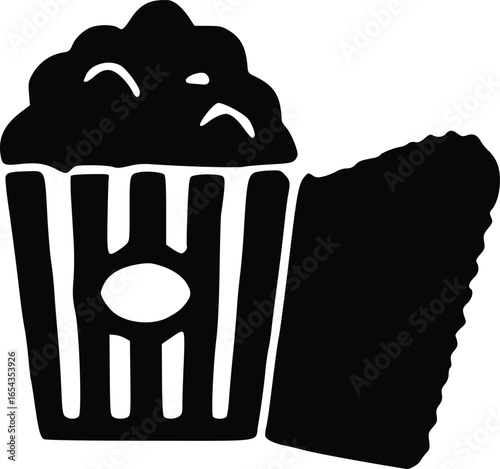 Black and white graphic illustration of a striped popcorn bucket filled with popcorn, next to a piece of corn on the cob.