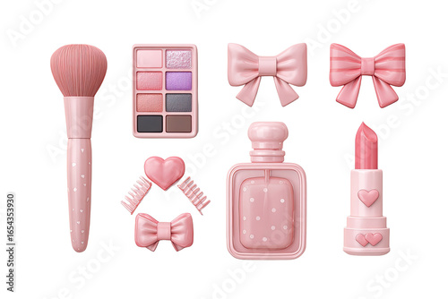 Pink cosmetic set with bows and hearts.  8 items, including blush brush, eyeshadow palette, bows, perfume bottle, and lipstick.  Cute, girly aesthetic