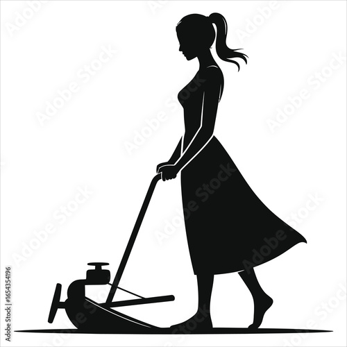 Silhouette of woman mowing lawn with push mower, black and white vector illustration of female gardener doing yard work, gardening activity, summer outdoor maintenance, household landscaping and lawn 
