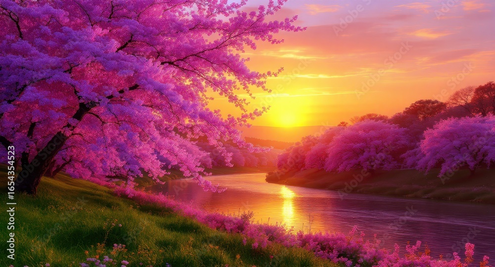 Obraz premium Vibrant sunset over a river lined with blossoming trees.
